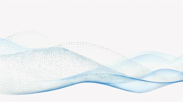 Light blue particle waves cascade across a white background, creating a sense of movement and ethereal beauty