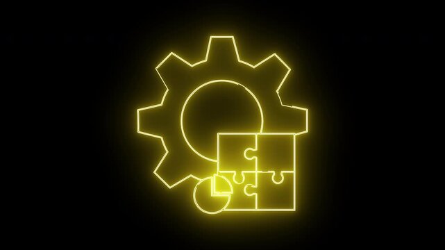 Neon outline of a gear and a fourpiece puzzle on a black background