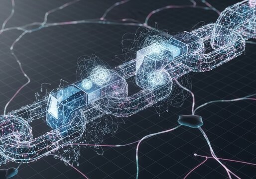 Digital blockchain network connecting secure blocks with light lines and nodes.