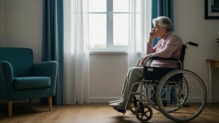 Elderly Woman in Wheelchair, Contemplation of Sadness and Loneliness by Window, Thoughtful Interior Setting with Chair, Reflecting Isolation - Powered by Adobe