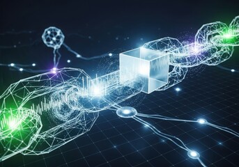 Abstract digital blockchain network with glowing nodes and data streams 70