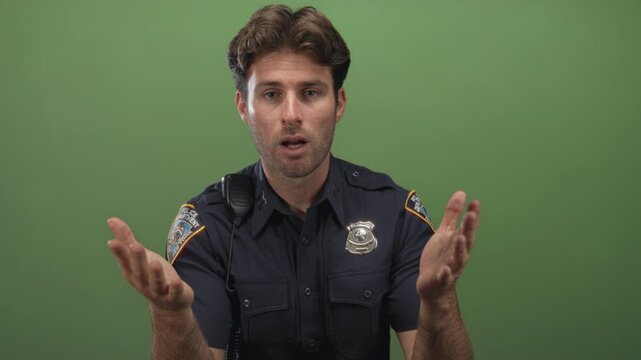 Police officer pointing finger toward camera with outstretched hand, badge and radio visible on uniform in green studio; authority duty.