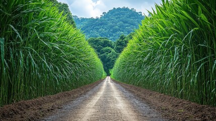 Dirt road through lush green crops leads to a mountain range under a bright sky