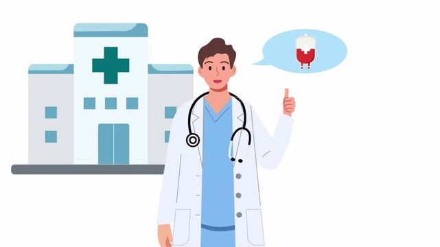 Female Doctor Explaining Blood Donation in Front of a Hospital.