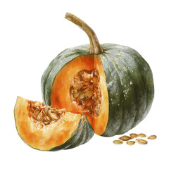 Cut pumpkin with seeds and slice on black background