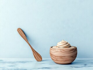 A wooden bowl with a swirl of whipped cream sits on a marble surface next to a wooden spoon, with a light blue textured wall in the background.