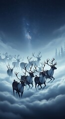 Naklejka premium Majestic Reindeer Herd in a Snowy Landscape, Winter Scene.
