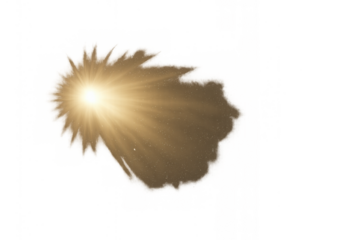 Golden sunburst light radiating creating a bright glow effect, illuminating with lens flare and starburst, transparent background