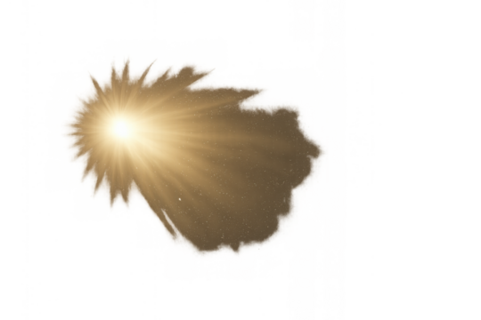 Golden sunburst light radiating creating a bright glow effect, illuminating with lens flare and starburst, transparent background