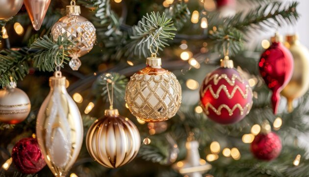 Close up of colorful christmas tree ornaments and lights creating a cozy holiday atmosphere