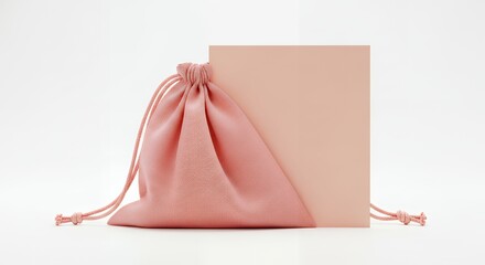A pink textured drawstring pouch with rope ties sits beside a solid pastel pink square against a white background showcasing minimalist product presentation bag fabric textile simple clean modern