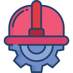 Red Hard Hat And Blue Gear Icon With Pink Outline And Blue Gear Symbolizing Construction And Industry