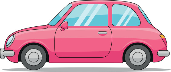 Cute pink compact cartoon car side view vector illustration for fun travel, playful transport, urban mobility, and retro-style graphic design.