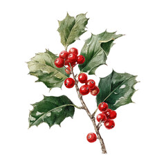 Illustration of a holly branch with red berries and green leaves on a black background
