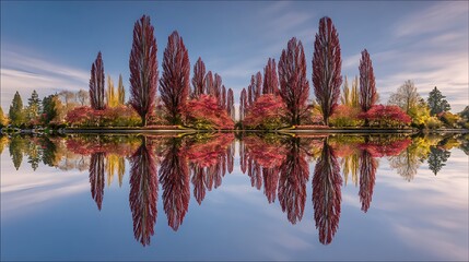 Symmetrical autumn trees reflection water mirror abstract high resolution
