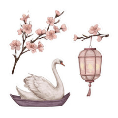 A serene composition featuring a white swan in a boat, delicate cherry blossoms, and a traditional lantern.