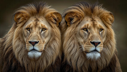 Fototapeta premium Regal lion and lioness portrait showcasing royal bond