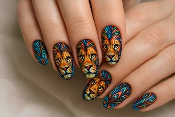 Vibrant and detailed nail art featuring majestic lion portraits and colorful designs