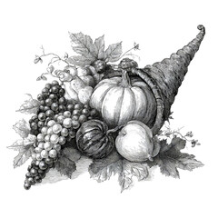 Vintage illustration of a cornucopia filled with grapes, pumpkins, and leaves on a black background.