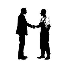 Silhouette of two men shaking hands, one in a suit and the other in overalls, against a black background.