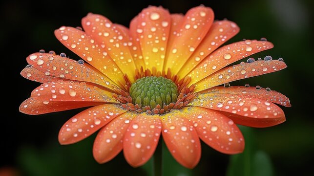 Close-up of an orange and yellow flower with water droplets on its petals, vibrant and detailed