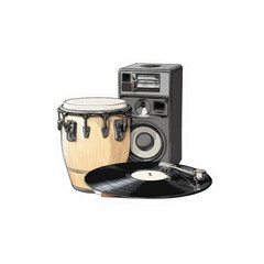 Musical instruments and audio equipment, including a conga drum, turntable, and speaker