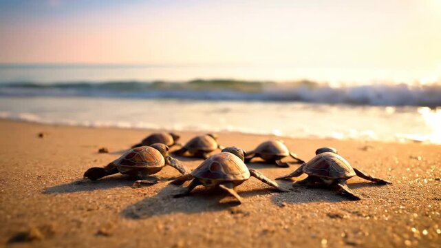 Baby sea turtle hatchlings scramble towards ocean, group of baby sea turtles bravely make their way sandy beach, their determination evident as they