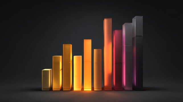 Abstract art of vibrant bar charts in orange, yellow, and purple colors against a dark background for data visualization or finance themes - Powered by Adobe