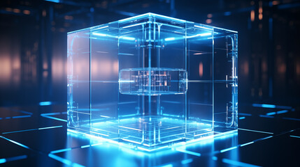 Glowing Blue Transparent Cube in Futuristic Digital Environment - Technology and Data Concept