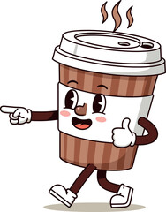Cheerful walking disposable coffee cup cartoon mascot vector illustration, pointing the way and giving thumbs up for cafe branding, quick service, and fun beverage ads.