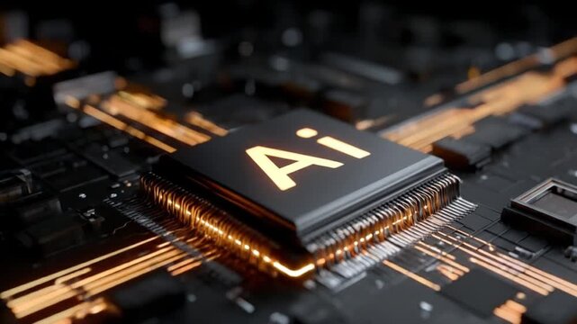 Macro shot of a microprocessor on a circuit board, glowing orange traces frame a labeled AI chip so