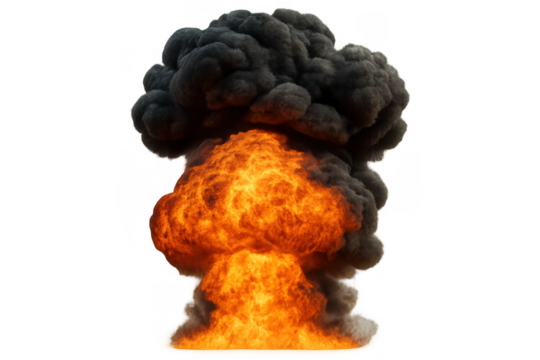 Mushroom cloud forming from a powerful explosion, creating a fire burst, black smoke, and a fireball on a transparent background