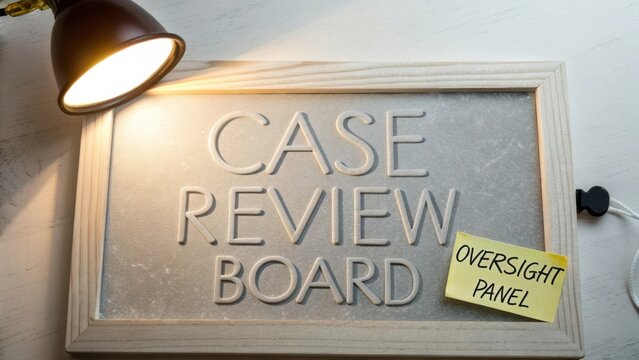 Case Review Board Sign with Oversight Panel Note and Desk Lamp Casting Light on a Professional Workspace