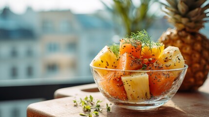 Fresh and Colorful Fruit Salad with Melon, Pineapple, and Herbs Served in a Transparent Bowl on a Sunny Morning with a Tropical Vibe
