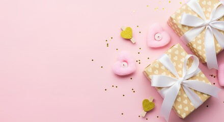 Two beautifully wrapped presents with white bows adorned with heart patterns small pink heart shaped candles and glittering gold confetti scattered on a soft pink background gift surprise celebration