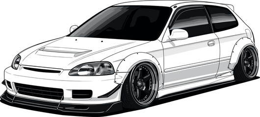 Classic JDM style modified hatchback car illustration, featuring custom wide body kit, lowered suspension, and aggressive stance in monochrome vector design.