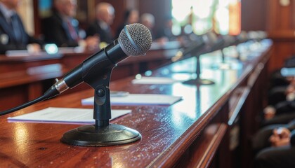 A microphone sits on a table in front of a seated audience.