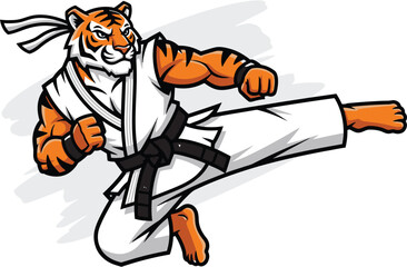 Cartoon tiger in karate uniform performing a powerful kick with focused expression. © Tutorialxxx18