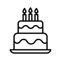Black and white line icon of a twotier birthday cake with three candles