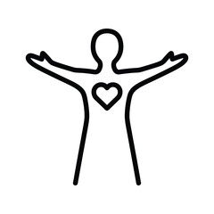 Outline icon of human figure with open arms and heart symbol isolated on
