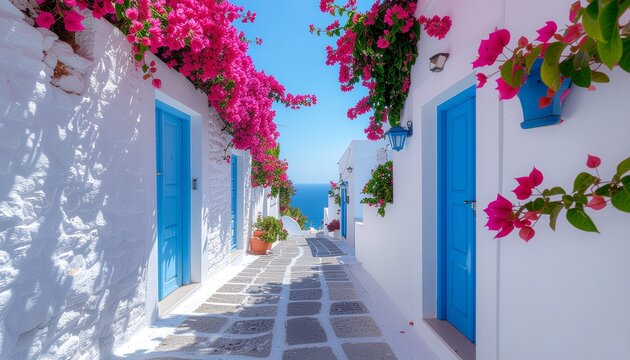 Picturesque Greek street with whitewashed buildings, blue doors, and vibrant pink bougainvillea flowers cascading overhead.