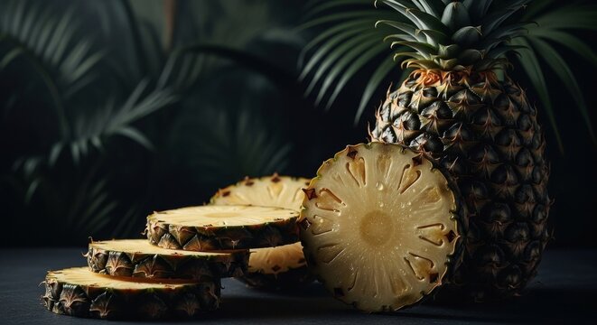 Close-up of fresh pineapple slices with a tropical background, highlighting texture and detail.