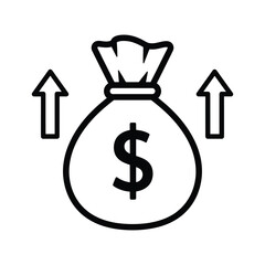 Black and white icon of a money bag with upward arrows indicating growth