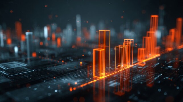 Abstract digital landscape showcasing data visualization with glowing geometric shapes representing financial growth and technology advancements in a futuristic city