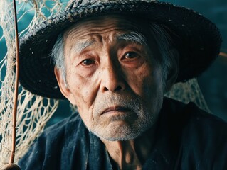 Fishing elderly man coastal village portrait photography natural light close-up resilience and wisdom