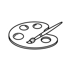 Outline drawing of an artists paint palette with a brush
