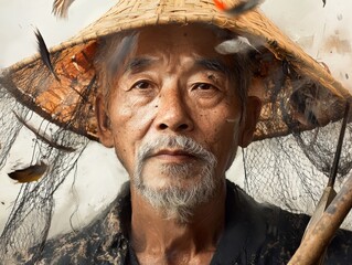 Elderly fisherman portrait coastal village digital art intimate setting close-up cultural heritage