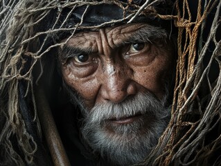 Resilient elderly fisherman coastal village portrait photography natural setting close-up strength of spirit