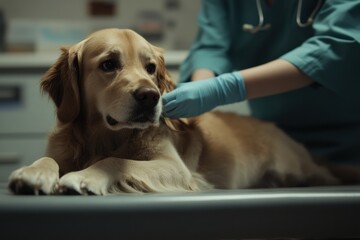 Veterinarian examines golden retriever at animal hospital veterinary care medical environment close-up view pet health awareness