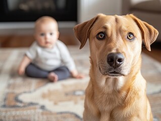 Joyful interaction between dog and baby cozy living room heartwarming moment indoor close-up friendship